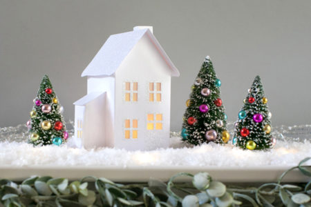 Bottle Brush Christmas Trees with white glitter pop-up Holiday Village House on Mantle
