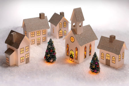 Glitter Gold Roof Pop-Up Holiday Village set of 5 houses by Dimensional Paperworks