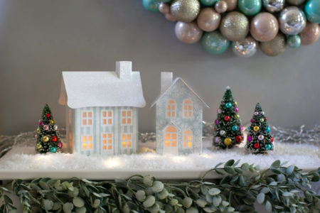 Set of 2 Blue Frost Pop-up Holiday Village on Mantle