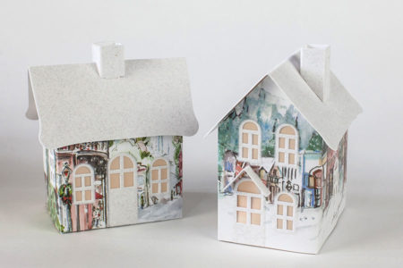 Set of 2 watercolor Snow Scene Pop Up Holiday Village Houses
