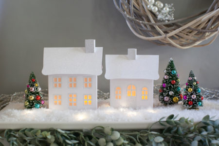 Set of 2 White Christmas Pop-up Holiday Village Houses on Mantle