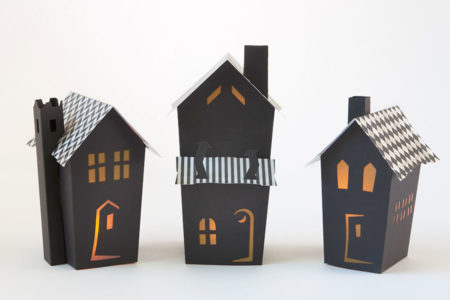 Vintage Black set of 3 Scary Halloween Houses that Pop-up by Dimensional Paperworks - front view on white background