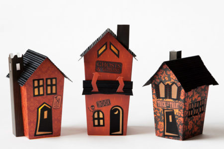 Orange set of 3 Scary Halloween Houses that Pop-up by Dimensional Paperworks - front view on white background