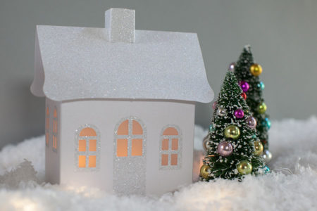 Two Beaded bottle brush trees and snow with Pop-Up Holiday Village cottage by Dimensional Paperworks